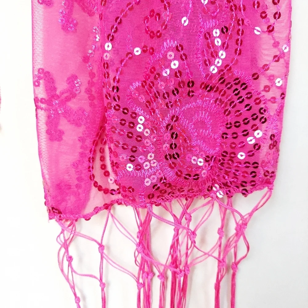 Womens Pink Mesh Sequin Metallic Party Prom Wedding Shawl Scarf With Fringe